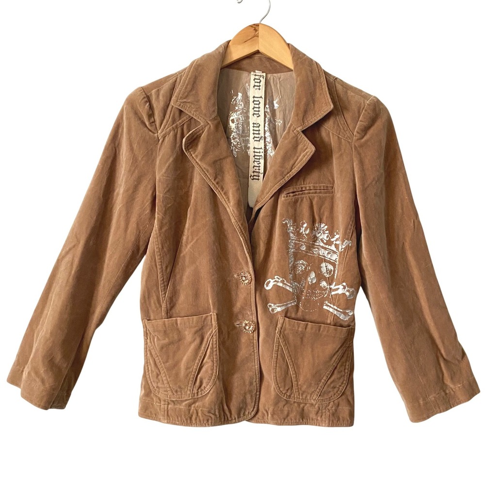 Vintage Johnny Was For Love and Liberty Small Velvet Blazer Tan Skull Graphic